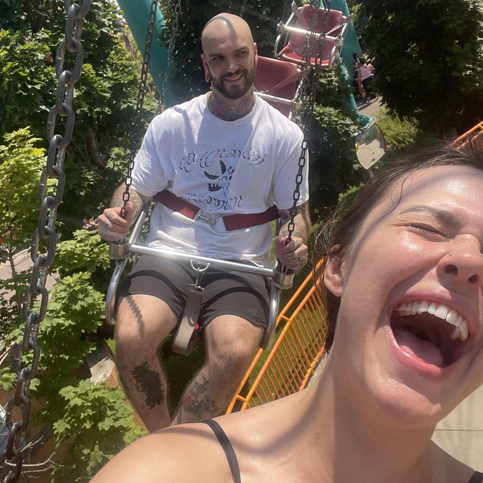 Sierra having fun at Valleyfair. Sawyer keeping his cool.