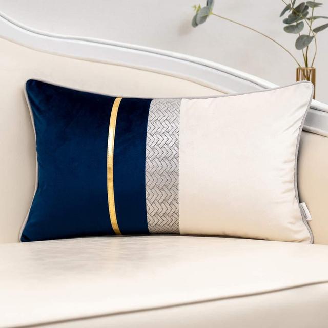Yangest Navy Blue Patchwork Velvet Lumbar Pillow Cover with Gold Striped Leather Cushion Case Modern Luxury Pillowcase for Sofa Couch Bedroom Living Room Home Decor,12"x20"