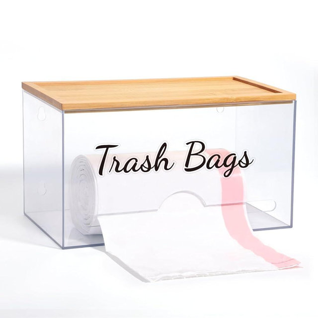 JYPS Trash Bag Holder Dispenser Organizer With Bamboo Lid, Wall Mounted, Garbage Bag Dispenser Holder, Trash Bag Dispenser Standrad Roll Holder for Kitchen Organization, Under Sink