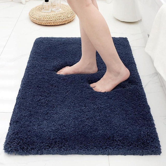 Ruggnovea Bathroom Rugs Non Slip Washable 36x24, Ultra Thick Soft Microfiber Absorbent Bath Mats, High Density Foam Latex Non Slip Backing Bath Rugs, Fluffy Floor Carpet for Tub&Shower, Navy