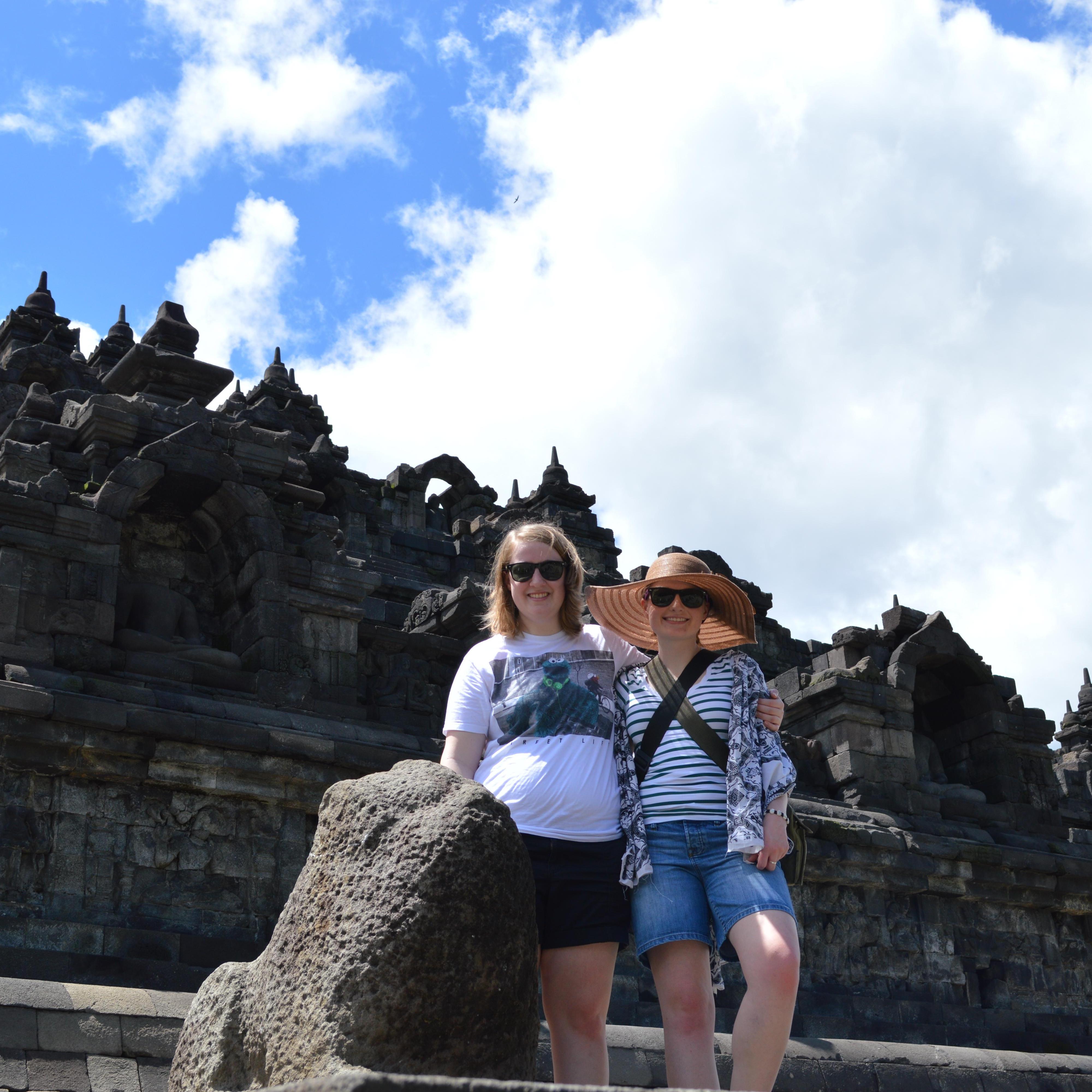 Here we are at the Borobudur temple in Indonesia. Jen needed a giant hat and shawl to save her from the tropical sun!