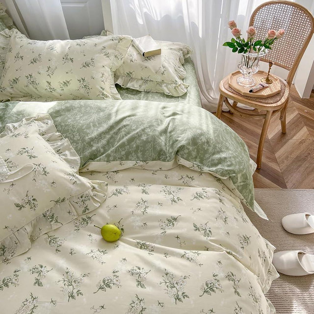 MKXI King Size Beige & Green Floral Comforter Set - 3 Piece Ruffled Lace Bedding Set with Reversible Design, Soft Aesthetic Cottagecore Style Green Leaf Comforter for Girls, Women, and Teens