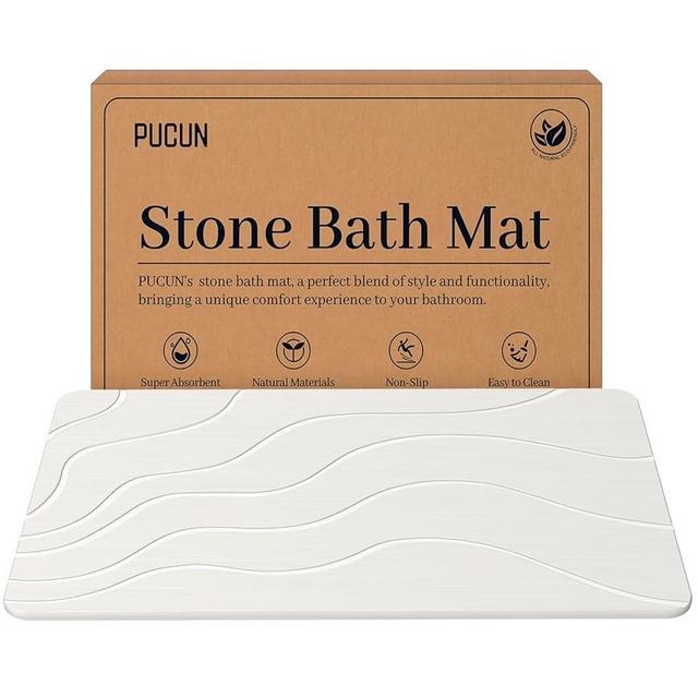 PUCUN Stone Bath Mat Diatomaceous Earth Non-Slip Shower Mat,Quick Drying Diatomite Bath Stone Mat for Bathroom Floor -Super Absorbent,Natural, Easy to Clean(White)