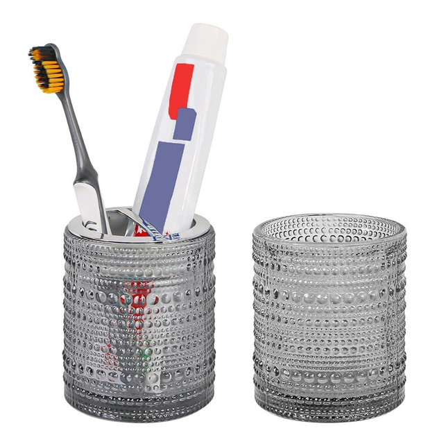 Tonxus Grey Toothbrush Holders for Bathrooms, Glass Toothbrush Holder with 2 Slot Divider, 10oz Bathroom Tumbler and Mouthwash Cup, Tooth Brush Holder for Brushes, Toothpaste