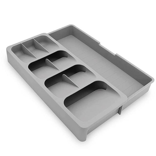 Cutlery Organizer in Drawer, YUOIOYU Expandable Compact Silverware Organizer for Kitchen Drawers, PP Plastic Kitchen Utensil Organizer for Flatware, Forks, Spoons, Silverware Tray for Drawer (Gray)