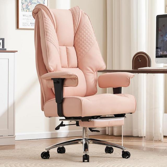 EXCEBET Big and Tall Office Chair 400lbs Wide Seat, Leather High Back Executive Office Chair with Foot Rest, Ergonomic Office Chair Lumbar Support for Lower Back Pain Relief (Light Pink)