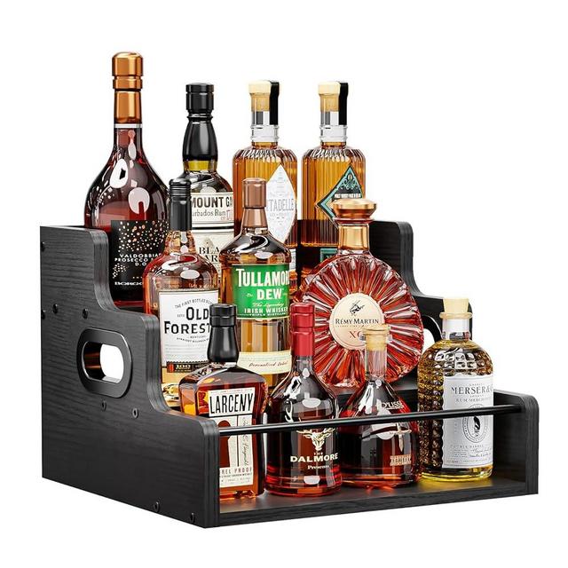 KLM Liquor Bottle Display Shelf, Coffee Syrup Rack Organizer, 3 Step Countertop Liquor Wine Rack, Mini bar,Liquor Cabinet, Home Retro Bar Shelf Stand for Liquor Whiskey, Spirits（Black）