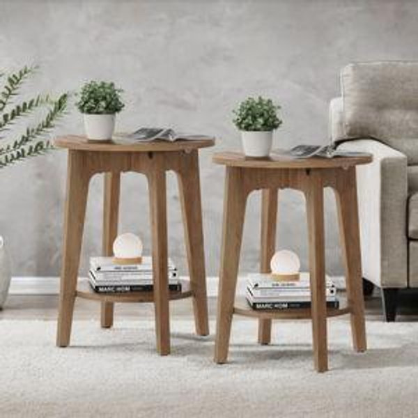 Set of 2 Round End Table Farmhouse Small Side Table Living Room Corner Table Drink Table Rustic Walnut