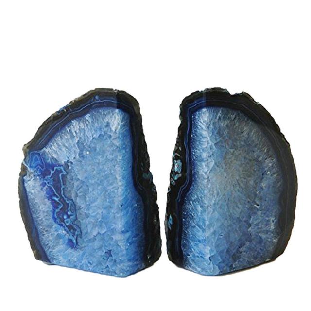AMOYSTONE Decorative Bookends Agate Book Holder for Office Decorate and Home Dyed Blue 3-4 lbs