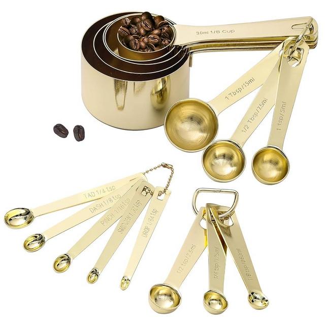 Gold Measuring Cups & Spoons Set of 16, Heavy Duty Stainless Steel Measuring Cups Measuring Spoons for Measuring Dry Liquid Ingredients for Baking Cooking, Gold Kitchen Accessories Gift