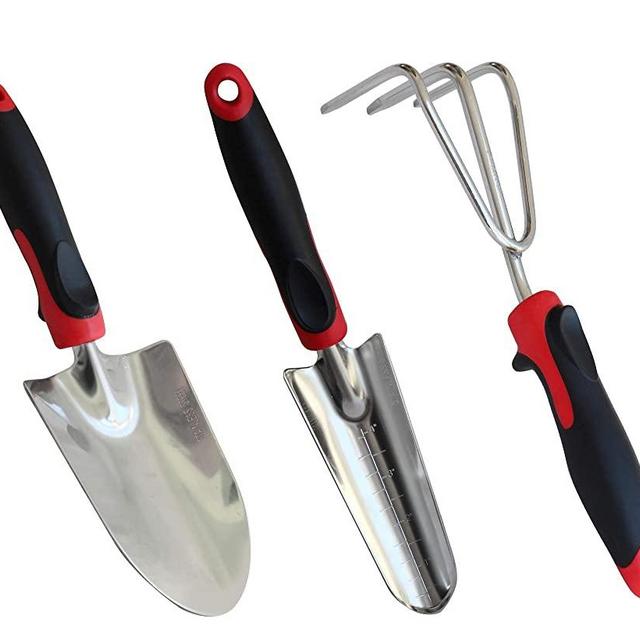 TABOR TOOLS D124A 3-Piece Garden Tool Set with Rubberized Non-Slip Handles, Stainless Steel, Includes Hand Trowel, Cultivator Hand Rake, and Transplanter with Gradation Marks