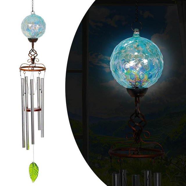 Naboher Wind Chimes, Solar LED Outdoor Garden Lighting, Light Biue Glass and Metal Wind Chime Lawn and Yard Decoration with Bronze Metal Finial, 5 x 46.5 Inch (Light Blue)