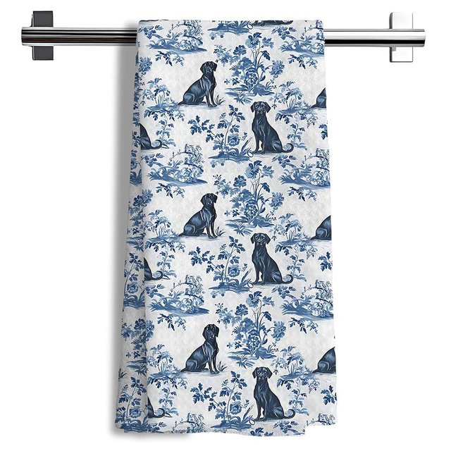 Nipil Chinoiserie Labrador Retriever Kitchen Towels, Blue and White Botanical Grandmillennial Dog Decorative Dish Tea Towels, Labrador Retriever Gifts for Kitchen Bathroom Decor, 16x24 Inch