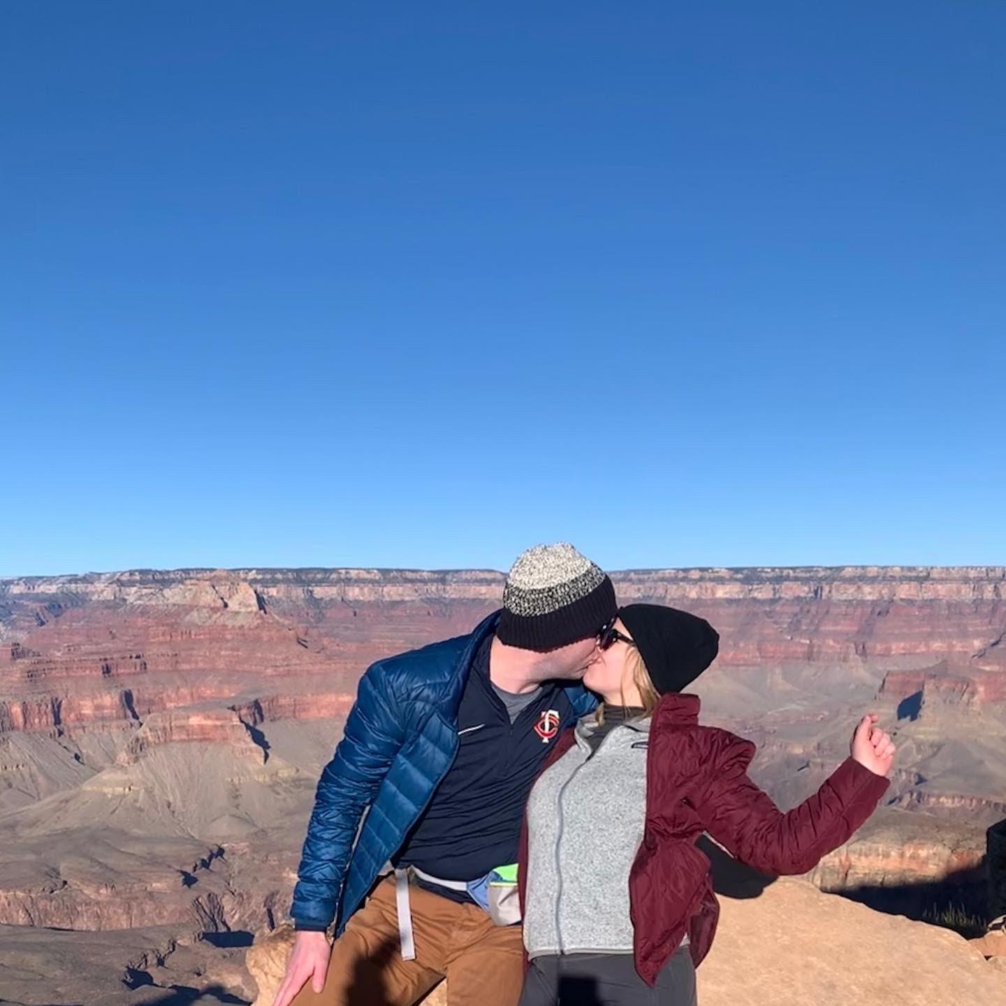 We caught a cheap flight to Vegas and took a day to trip to the Grand Canyon. We hiked down to "Ooh Ahh" point, where we met another couple who took this picture. Matching the scenery is unintentional