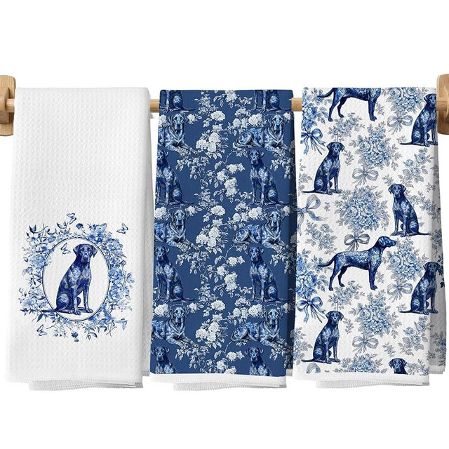 Wagoba Blue and White Chinoiserie Labrador Retriever Kitchen Towels Decorative 16x24 in Set of 3, Labrador Retriever Gifts Hand Towels for Bathroom, Vintage Toile Floral Lab Dishtowels for Kitchen