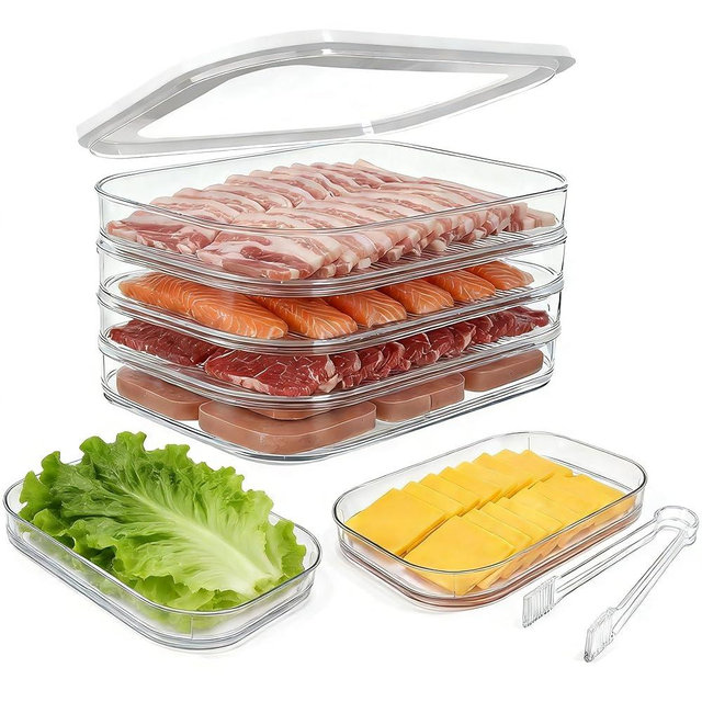 Hokoad Deli Meat Container for Fridge with Lid, 4-Layer Stackable Bacon Container for Refrigerator with Clip, Clear Cold Cuts Storage Containers for Cheese Cold Cuts Bacon, BPA Free