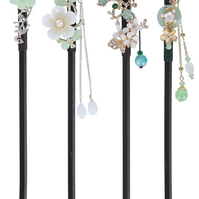 FRESHME Chinese Hair Sticks for Women - 4 Pcs Asian Wooden Hair Pins Retro Japanese Flower Hair Chopstick Vintage Hanfu Hairpins Headdress for Long Hair