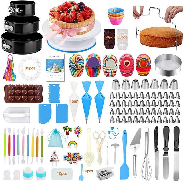 Cake Decorating Supplies, 507 PCS Cake Decorating Kit 3 Packs Springform Cake Pans, Cake Rotating Turntable, 48 Piping Icing Tips, 7 Russian Nozzles, Chocolate Mold Baking Supplies, cake Baking Tools