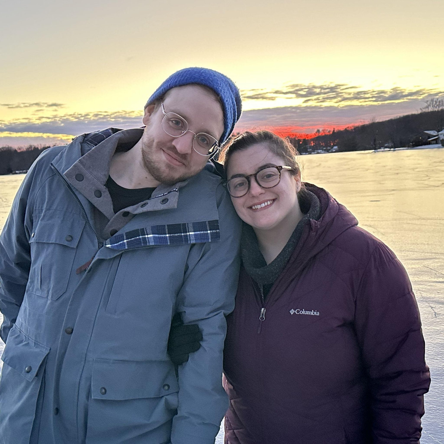 Bundled up for ice skating and pretty sunsets at Auntie's cottage on the pond.