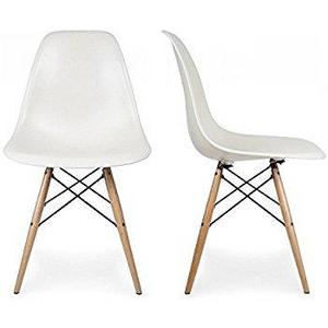Belleze 2 PC DSW Style Plastic Molded Side Dining Chairs Modern w/ Natural Wood Legs, White