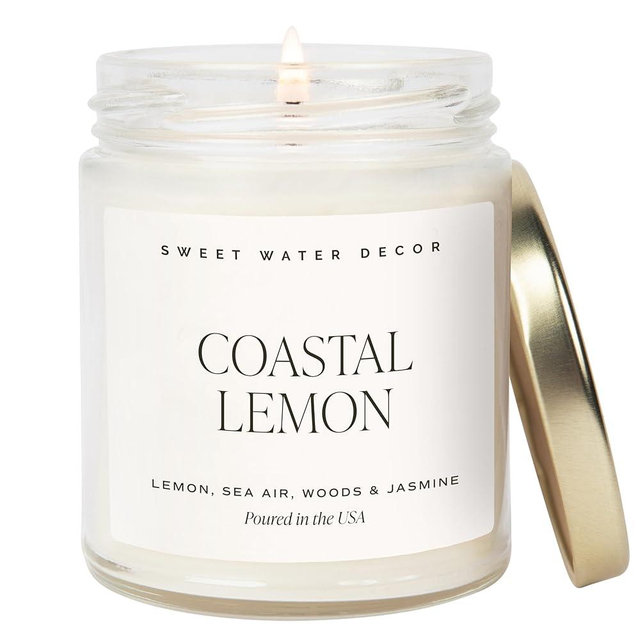 Sweet Water Decor Coastal Lemon Scented Candles - Soy Candles with Lemon, Sea Salt, & Driftwood for Home Decor - Candle Wax with 40 Hours Burn Time - 9oz Gold Lid Clear Jar Candles for Home Scented