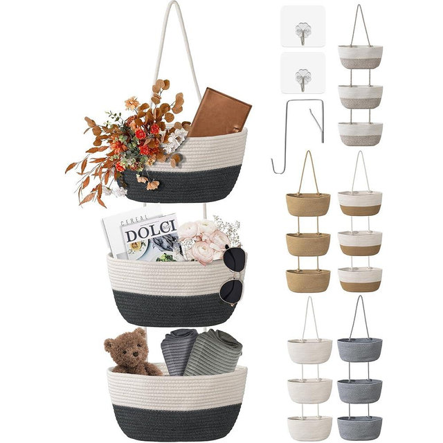 Wymulot 3 Tier Wall Mounted Woven Hanging Basket, Over the Door Hanging Basket with Hooks, Decorative Storage Hanging Closet Removable, Large Wall Basket for Living Room, Kitchen (White & Gray)