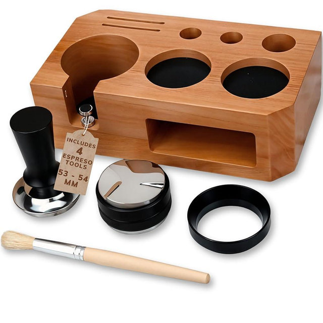 51-53-54 mm Espresso Tamping Station With Tools - Includes Coffee Tamper, Distributor, Dosing Funnel & Brush - Wooden Coffee Tamper Station - Espresso Organizer & Portafilter Holder
