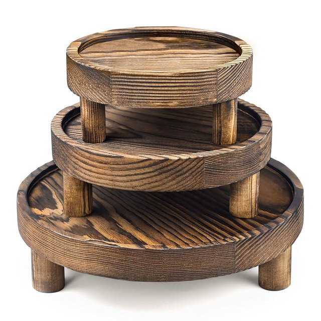 3PCS Wooden Display Risers for Display,Wood Riser Display Pedestal Stand for Home Décor (Rustic Brown,8,6,5'')