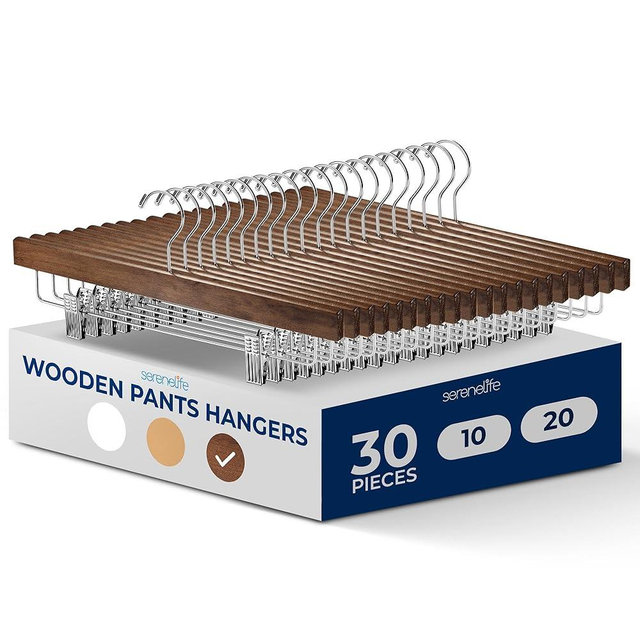SereneLife Retro Wooden Pants Hangers 30 Pack Premium Wood with Non Slip Adjustable Steel Clips Chrome Hook 10 lb Capacity Space Saving Closet Storage for Jeans Skirts Shorts & Everyday Wardrobe Use