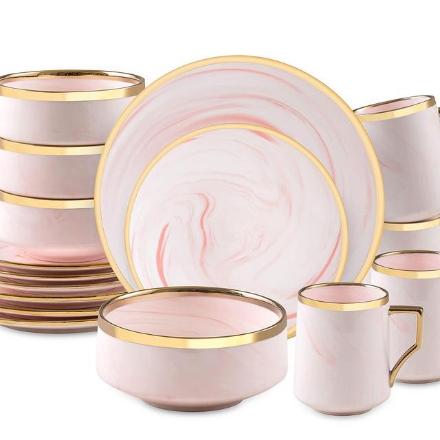 HomeVss, Fine China Artisan Marbled16pc Dinner Set, Pink with Gold Line