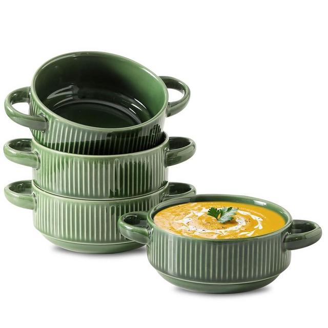 Howise Soup Bowls with Handles, 20 oz French Onion Soup Crocks, Stackable Soup Bowl Oven Safe for Chili, Beef Stew, Embossment Ceramic Bowl Set - 5.4 Inch, Set of 4 (Green)
