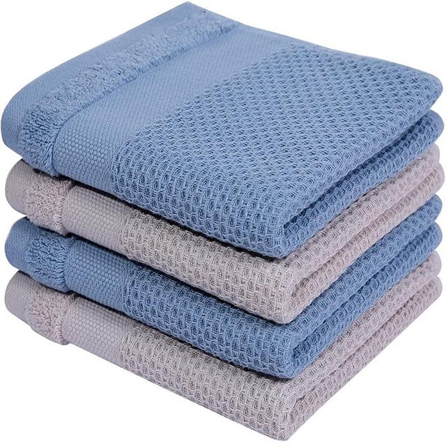 Homaxy 100% Cotton Waffle Weave Kitchen Towels, 13 x 28 Inches Super Absorbent and Machine Washable Dish Towels for Drying Dishes, 4-Packs, Khaki ＆ Blue