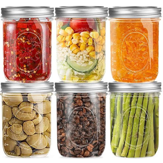 Wide Mouth Glass Mason Jars 16 oz, 6 Pack Glass Canning Jars with Metal Airtight Lids and Bands and Measurement Marks, for Canning, Preserving, Overnight Oats, Jam, Jelly, Food Storage, DIY etc