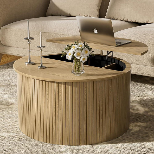 Pruchant Fluted Round Coffee Table with Lifting Top, 31.5" Oak Small Circle Coffee Table with Storage for Living Room