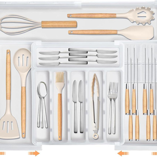 Homecor Silverware Organizer for Kitchen Drawers, Expandable Utensil Organizer & 2 Knife Block, BPA Free Flatware and Cutlery Holder, Adjustable Plastic Storage for Spoons Forks Knives(Clear)