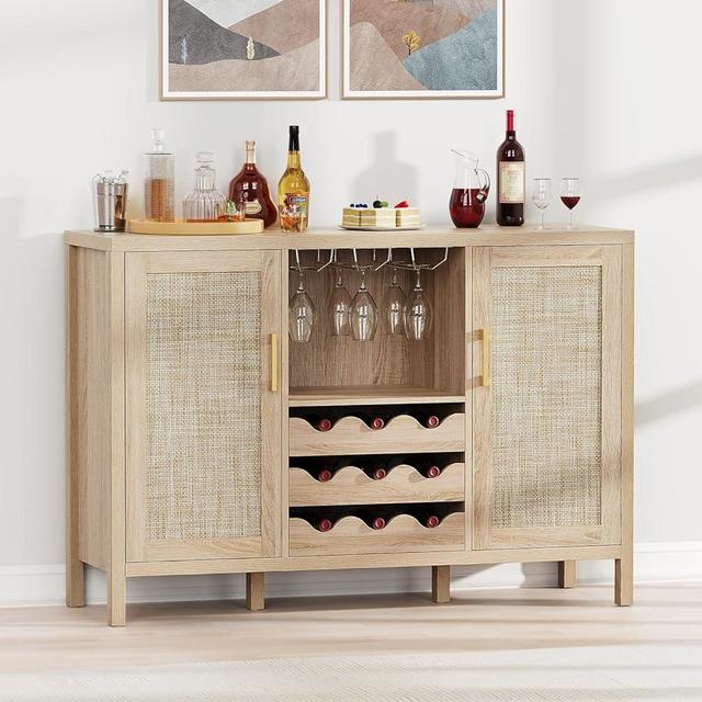 OTUTUMUS Rattan Wine Bar Cabinet, Boho Rattan Home Wine Bar Cabinet with Glass Holder and Drawer Style Wine Racks, Oak Sideboard Buffet Storage Cabinet for Living Dining Room Kitchen