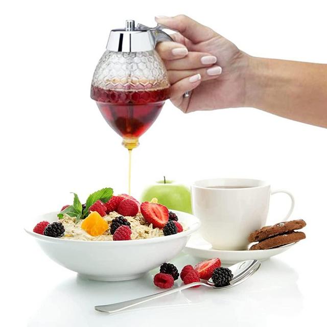 HoneyGo SmarTik No Drip Honey Dispenser - Beautiful Honey Comb Shaped Glass Jar - Syrup and Oil Dispenser - 8 Ounces Glass Honey Pot - Non Slip Support and Flip Top Lid - Quick Fill