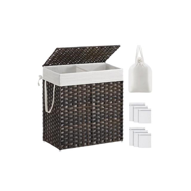 SONGMICS 110L Laundry Hamper with Lid Clothes Hamper with 2 Removable Liner Bags & 6 Mesh Bags Brown