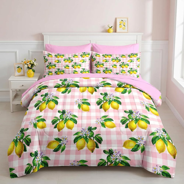 Nesker 7 Pcs Comforter Set Queen Size, Stripe Lemons Fruit Bedding Set for Kids and Adults, Summer Palm Pink White Plaid Sheets Bed Sheet Sets with Fitted Sheet 2 Pillowcases & 2 Shams