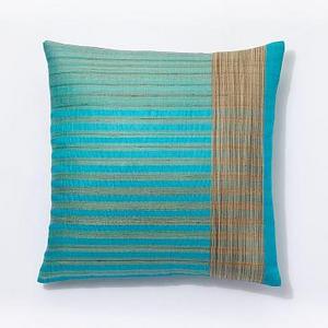 Sari Silk Strip Pillow Cover, Blue, 18"x18"