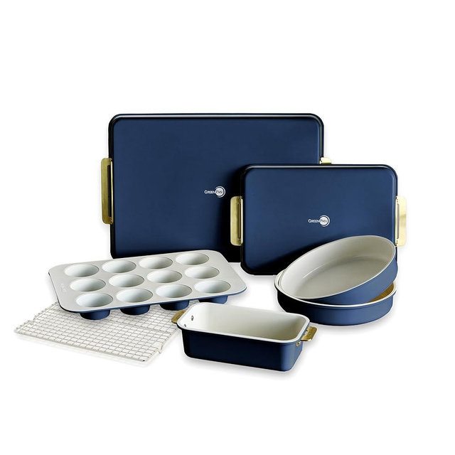GreenPan Bakeware Set, 7 Piece Nonstick Ceramic Gold Handle Baking Sheets, Cake Pans, Loaf Pan, Muffin Tin, Cooling Rack, PFAS & BPA Free, Freezer to Oven Dish, Bake & Roast Ovenware, Oxford Blue