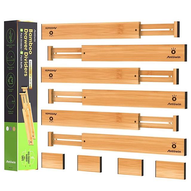 ANTOWIN Bamboo Drawer Dividers, Drawer Separators Splitter,17-22 inches Long Adjustable Spring-Loaded Organizer for Large Utensil, Clothes, Tools Drawers, 6 Pack Dividers + 4 Pack Baffle