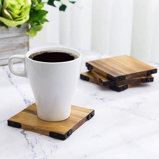 MyGift Premium Acacia Solid Wood Square Beverage Coasters with Matte Black Metal Corners for Hot & Cold Drinks, Set of 4