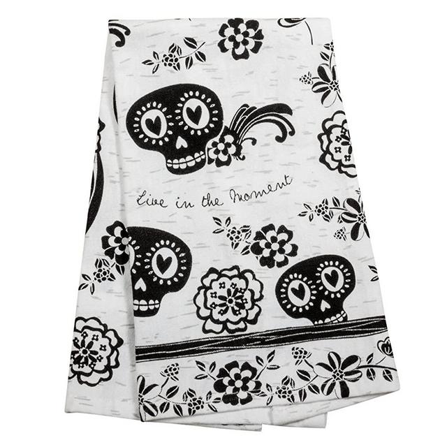 Karma Gifts Black and White Boho Tea Towels, 28"L x 20"W, SUGAR SKULL