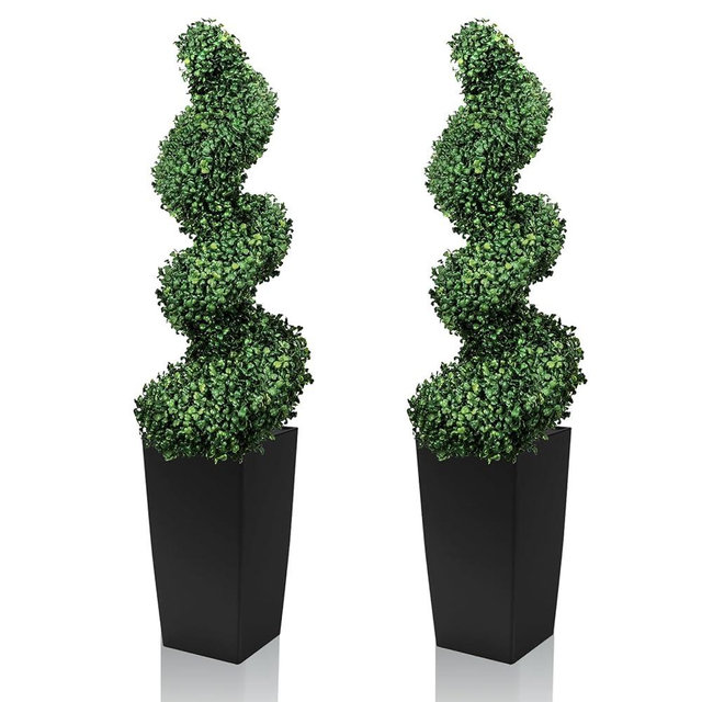 Mavis's Diary 4FT Artificial Spiral Topiary Trees, Set of 2 UV Resistant Faux Boxwood Plants in Square Planter, Indoor Outdoor Fake Shrubs for Front Porch, Entryway, Patio, Home Decor