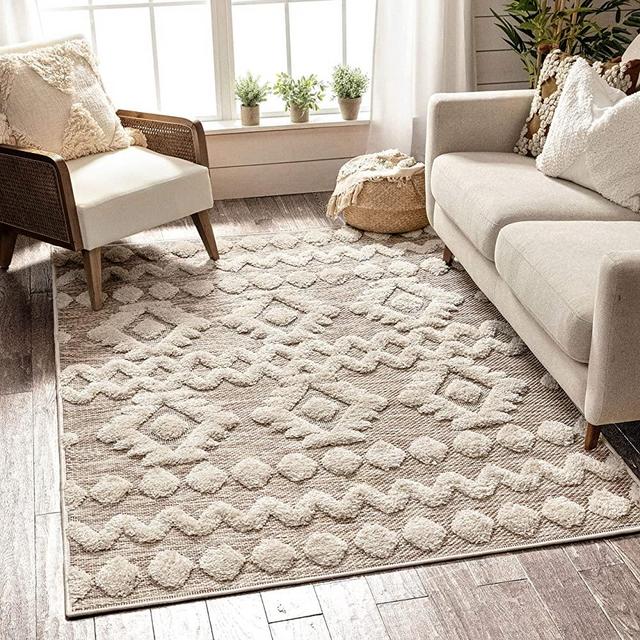 Well Woven Cenar Beige Flat-Weave Hi-Low Pile Diamond Medallion Stripes Moroccan Tribal Area Rug 8x10 (7'10" x 9'10")