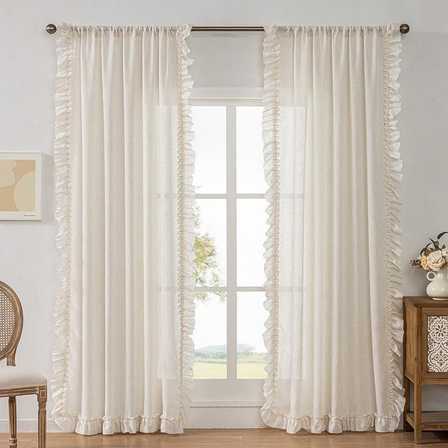 Farmhouse Curtains 84 Inches Long 2 Panels Natural Linen Textured Ruffle Curtains for Bedroom Living Room, Rod Pocket Privacy Flowy Drapes Semi-Sheer Cottage Scalloped Edge Curtain Set, W47xL84 Inch