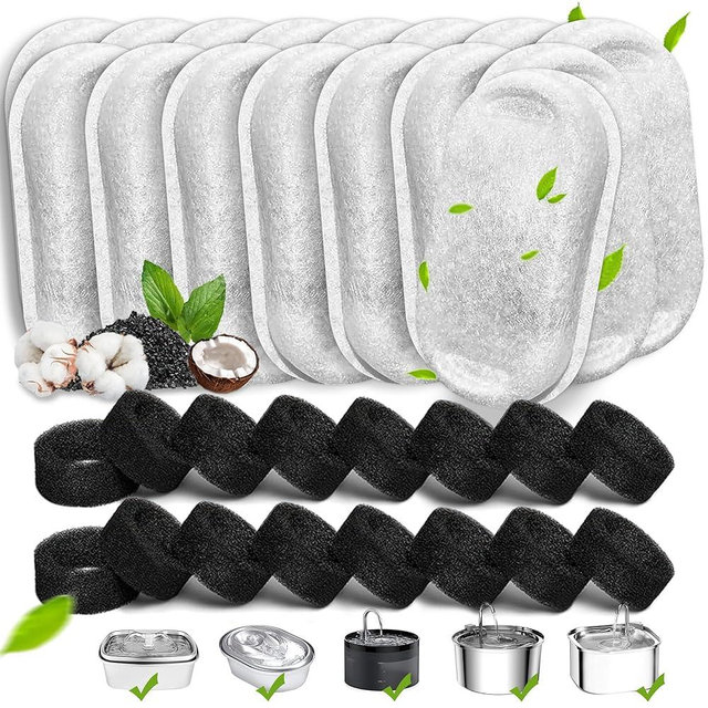 Cat Water Fountain Filters, 32 Pack Cat Replacement Filters for Stainless Steel 108oz/3.2L& 67oz/2L adjustable Flow Pet Water, Dog Fountain Filter（16+16 Pack）