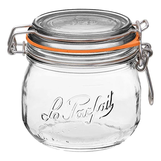 Le Parfait Super Jar - 500ml French Glass Canning Jar w/Round Body, Airtight Rubber Seal & Glass Lid, 16oz/Pint (Pack of 6) Stainless Wire
