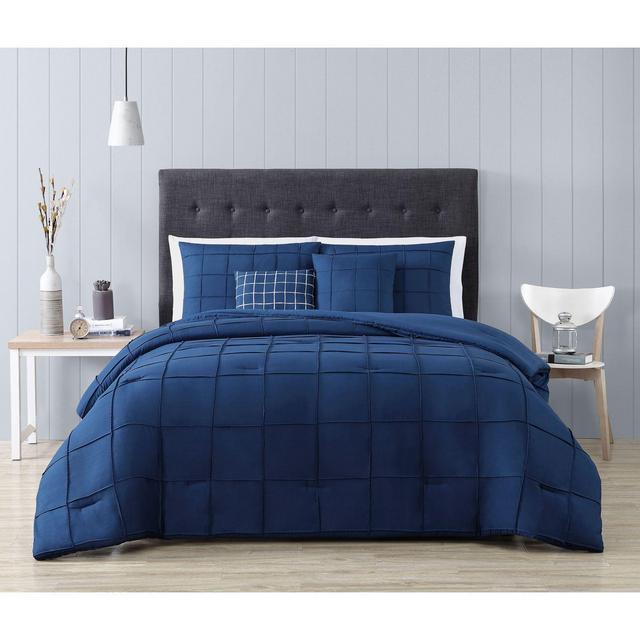 Geneva Home Fashion Nelli 5-Piece Box Pinch Pleat Queen Comforter Set in Navy